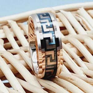 "Rose Gold Tungsten Wedding Ring with Greek Key Inlay, GALTUN657